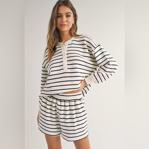 Kendal - black and white stripe half button and short set - Picture 3 of 4